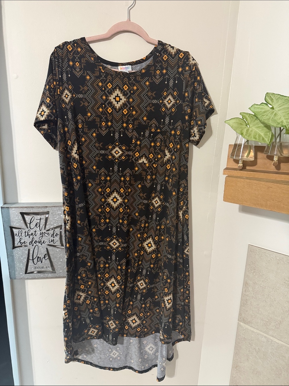 LuLaRoe Black Midi Dress with Mustard and Cream Geometric Print